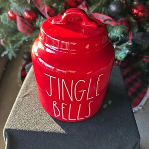 JINGLE BELLS glossy red large chubby canister by RAE DUNN